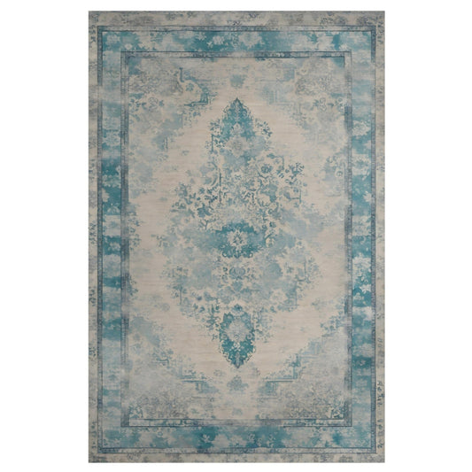 Jasmine - Ivory & Teal Vintage Distressed Washable Rug