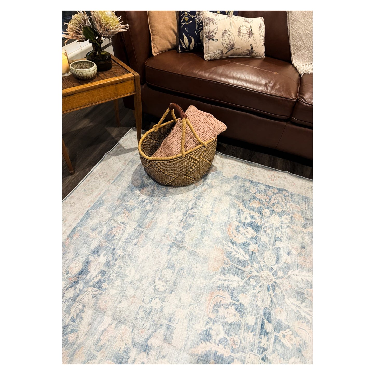 Seraphina - Floral Taupe & Navy Distressed Washable Rug CLEARANCE