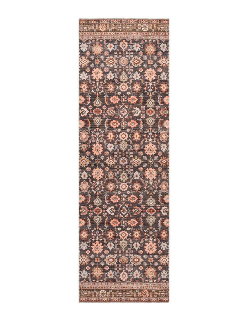 Solstice - Chocolate & Burnt Orange Floral Persian Distressed Washable Runner Rug